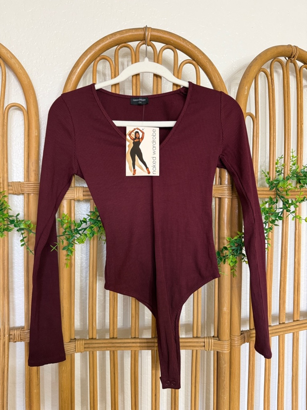 naked wardrobe Burgundy Ribbed V-Neck Long Sleeve Bodysuit